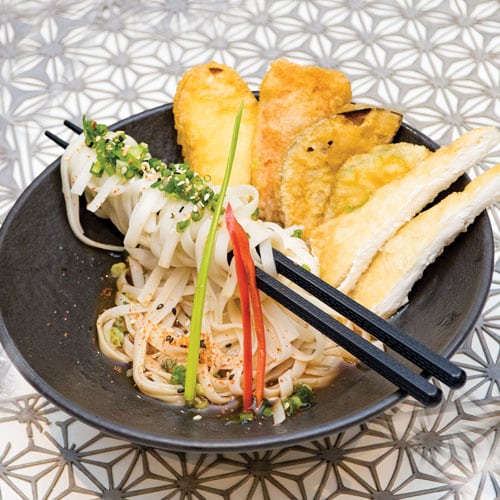 Udon with tofu and vegetable tempura